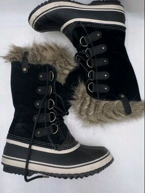 Sorel Joan Of Arctic Black Faux-Fur Trim Lace-Up Waterproof Winter Boots 12W